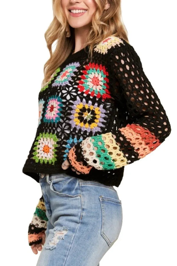 Multi-Color Crochet Top - Bohemian Airy Casual 7-6 ADORA Ship from USA