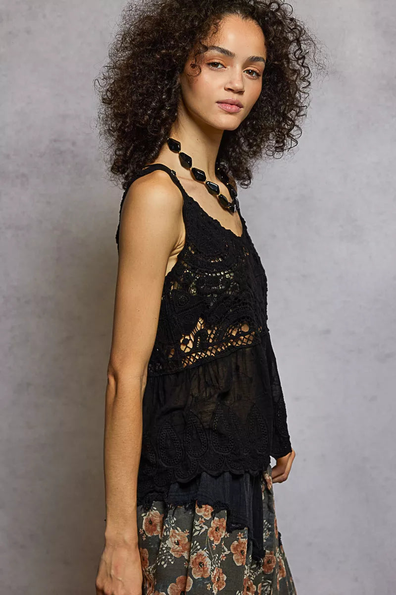 Women’s V-Neck Crochet Tank Top with Floral Embroidery 9-7 POL Ship from USA