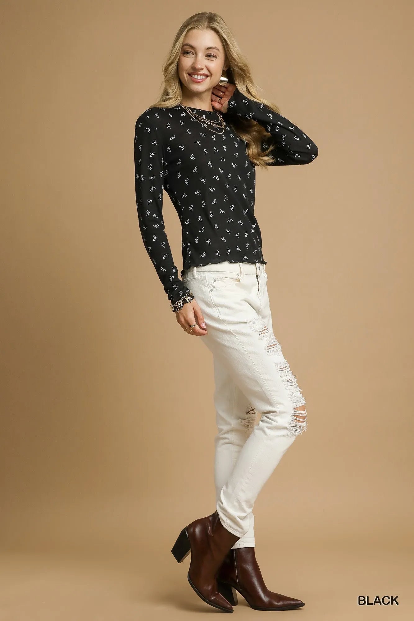 Women’s Bow Print Lightweight Knit Top 9-7 Ship from USA Umgee USA