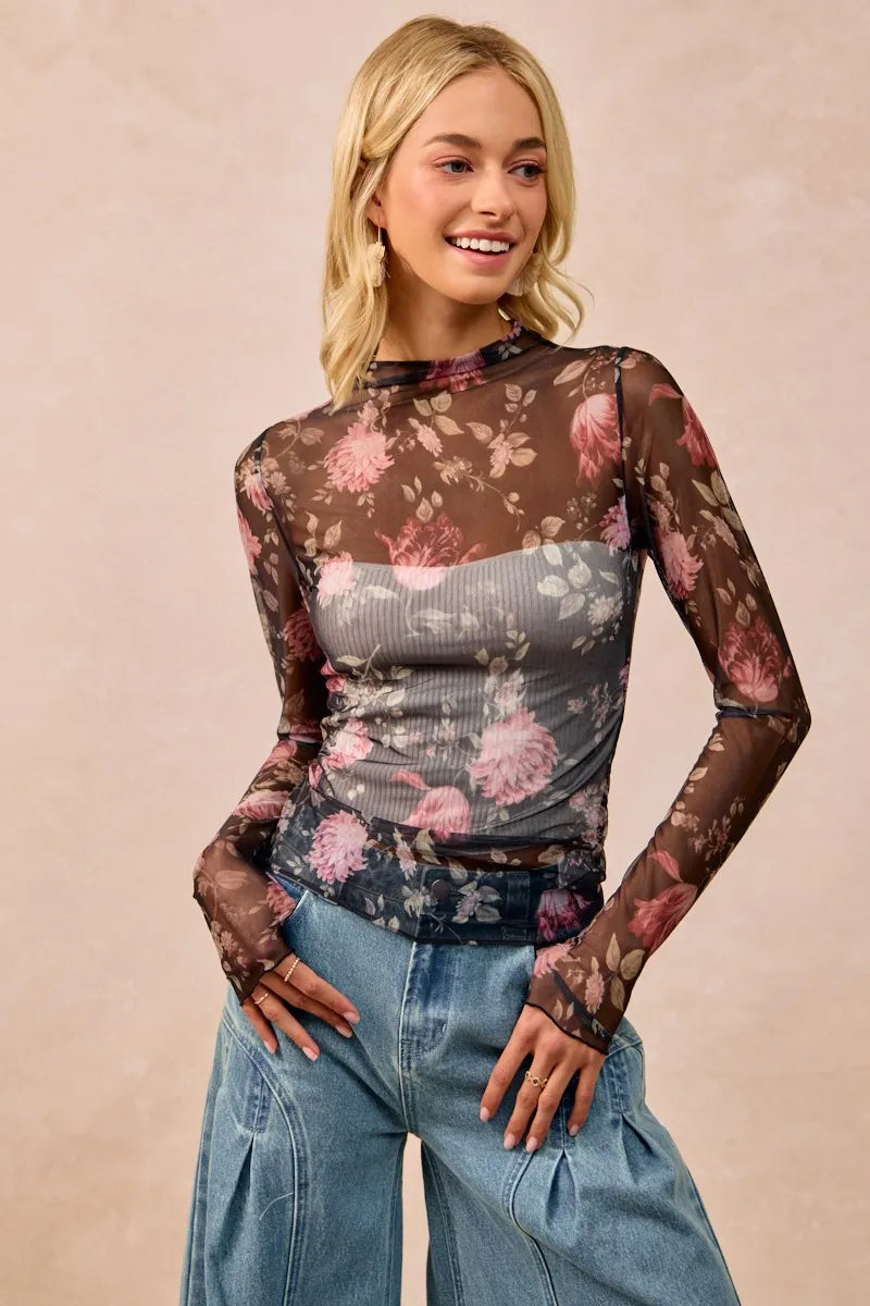 Floral Mesh Sheer Blouse with Ruched Sleeves BiBi Ship from USA