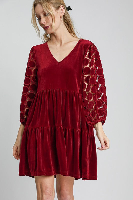 L Burgundy Velvet Dress - Tiered - Lace Sleeve autopostr_pinterest_71901 new PinterestNew Ship from USA Umgee USA