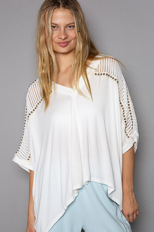 Ivory Ivory Oversized Lace Top - V Neck Clothing & Accessories > Clothing > Tops autopostr_pinterest_71118 autopostr_pinterest_71178 autopostr_pinterest_71277 contrast crochet lace neck oversize pol studded top