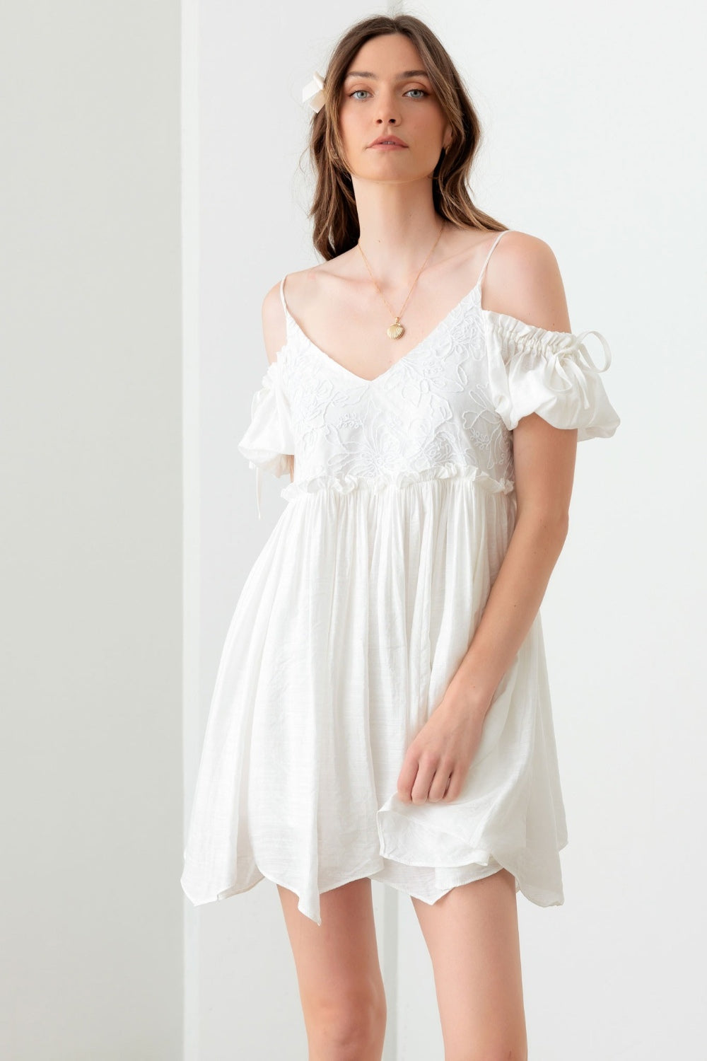 L White Mini Dress - Lace Detail Embroidered - Dropped Shoulder Clothing & Accessories > Clothing > Dresses cold dress embroidered floral mini mustard pinterestnew pinterestone seed shirred shoulder