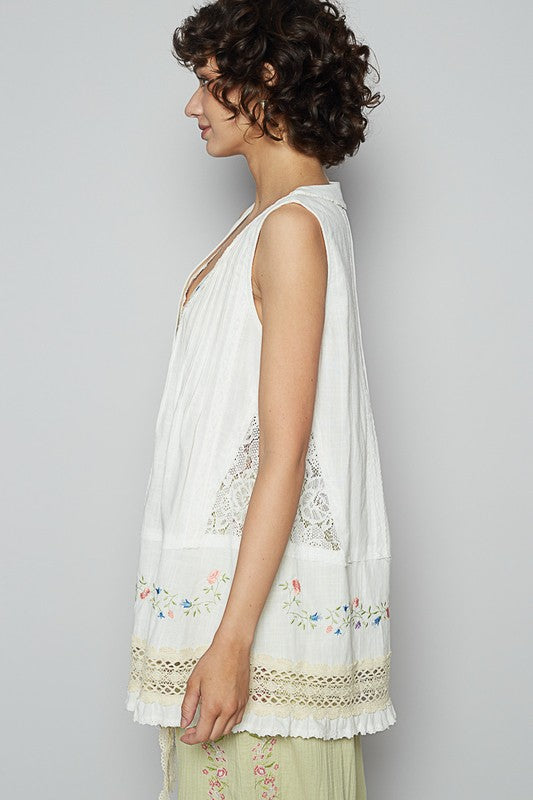 White Embroidered Lace Detail Top - V-Neck Sleeveless Top POL Ship from USA