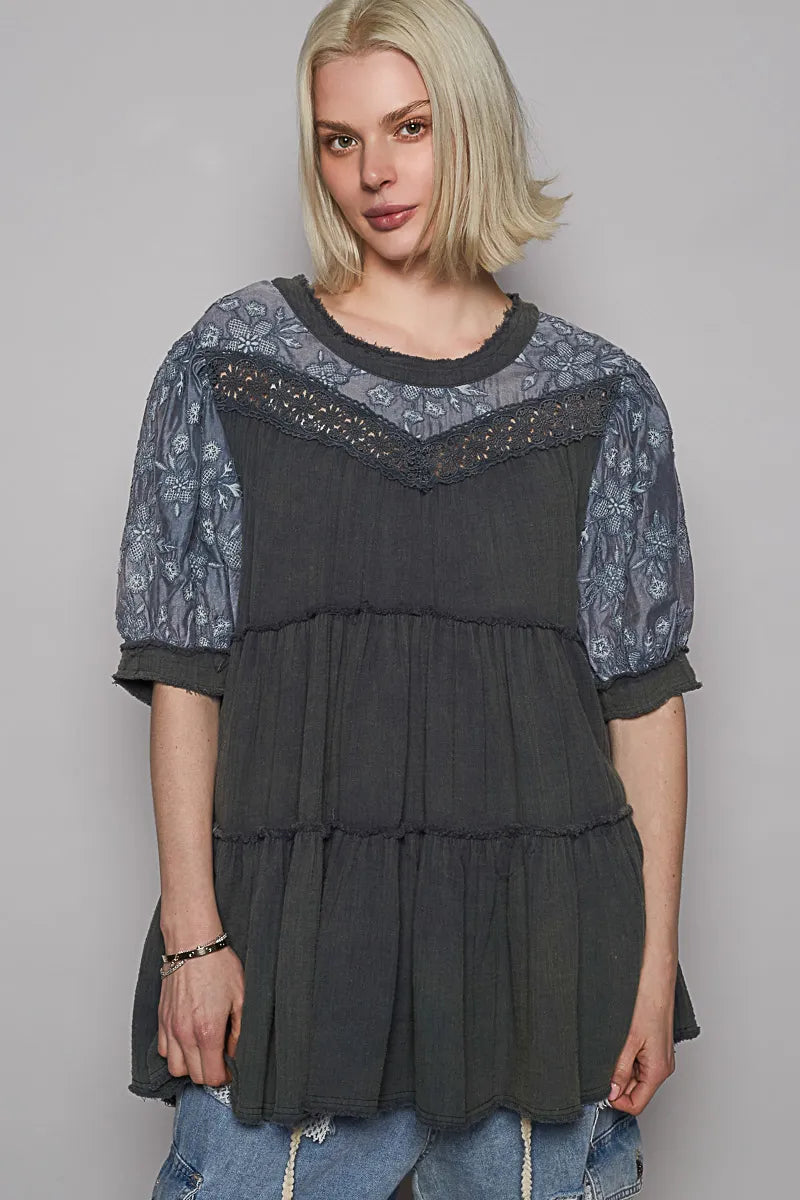Enchanting Lace Trim Boho Blouse 7-11 POL Ship from USA