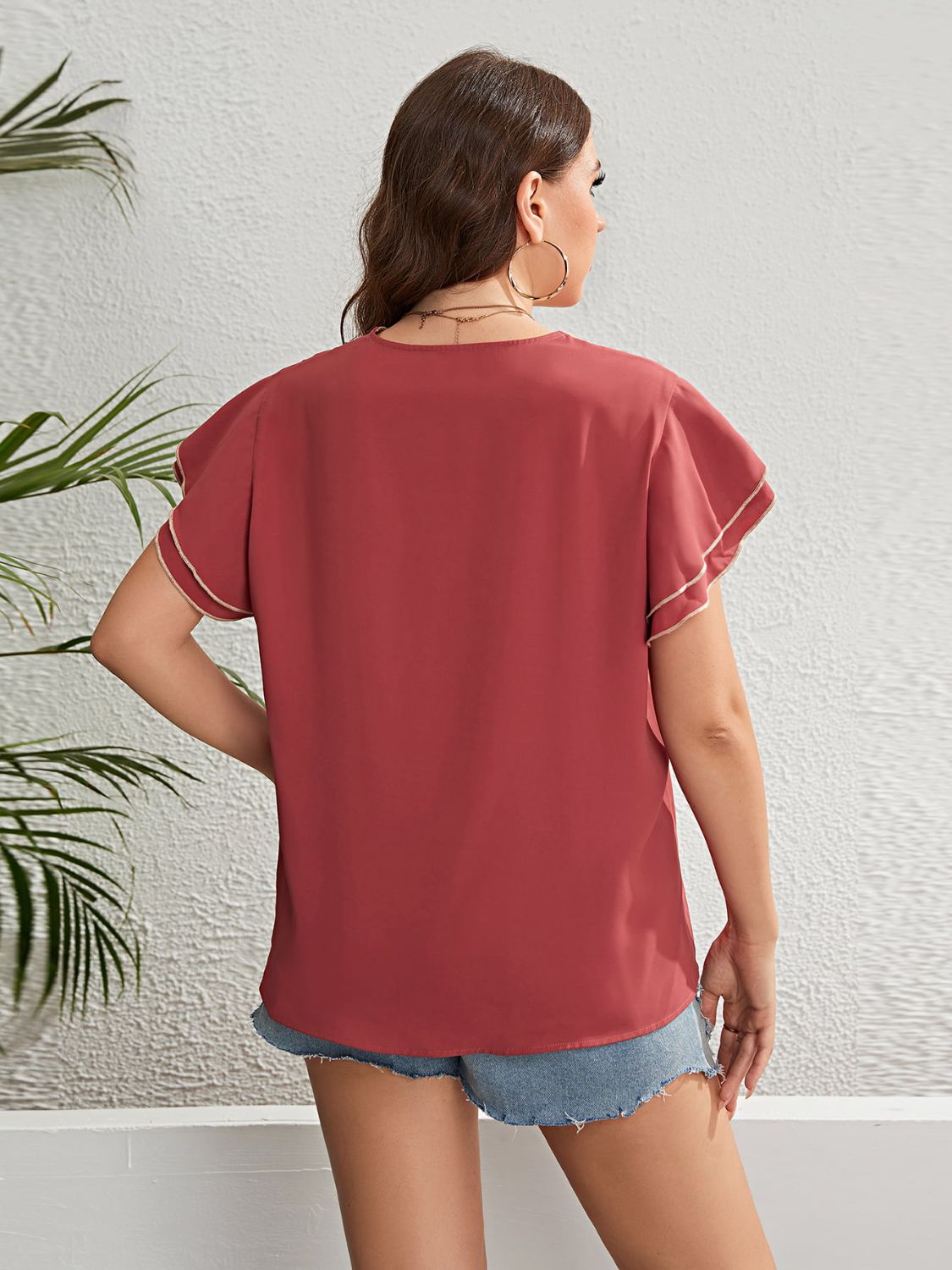 Blouse - Lace V-Neck Flutter Sleeve - Casual Solid Top Apparel & Accessories > Clothing > Tops Blouse Contrast Contrast V Flutter Flutter Sleeve Hanny Layered Neck Plus Plus Size Ship From Overseas Size Sleeve Sleeve Blouse sync-pinterest T V