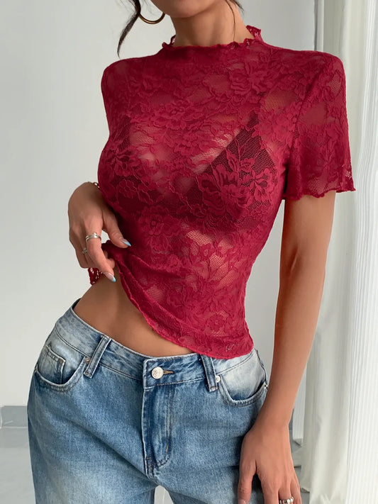Scarlet Top - Lace - Mock Neck - Short Sleeve - Elegant - Fitted 5-1-overseas Ship From Overseas WXFS