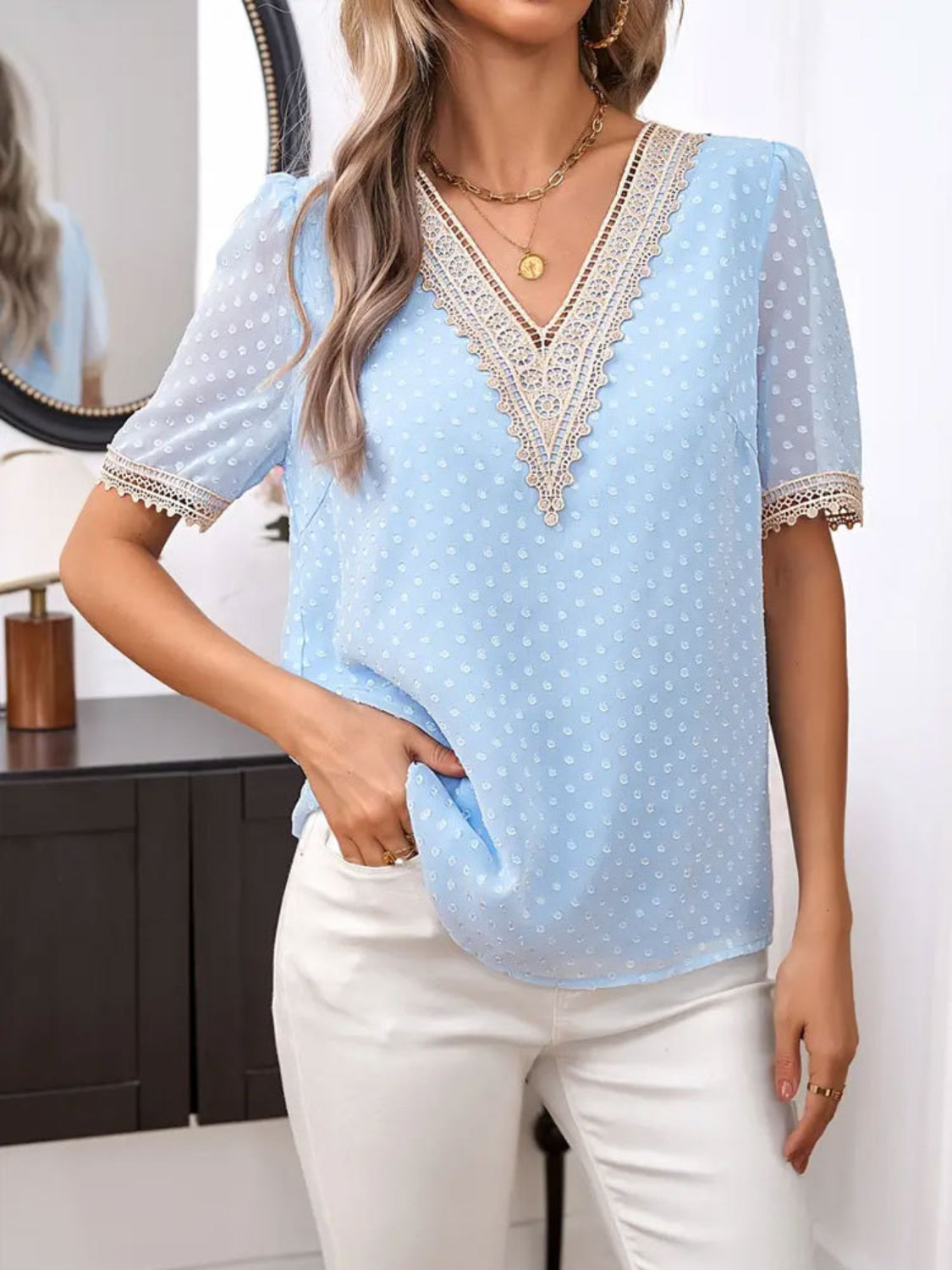 Semi-Sheer Lace Detail Top - 100% Polyester, Machine Washable Apparel & Accessories > Clothing > Tops Blouse Detail Detail V Lace Lace Detail Neck Neck Short Ronge Ship From Overseas Short Short Sleeve Sleeve Sleeve Blouse sync-pinterest T V