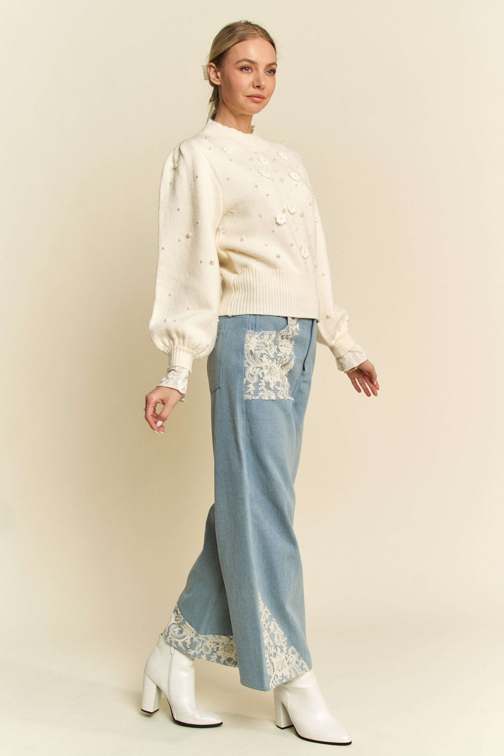 Wide Leg Denim Pants - Lace Applique - No Stretch - 100% Cotton Apparel & Accessories > Clothing > Pants Applique autopostr_pinterest_71901 autopostr_pinterest_72819 Davi & Dani Lace Leg Only Available for U.S. Residents Ship from USA sync-pinterest Wide Wide Leg