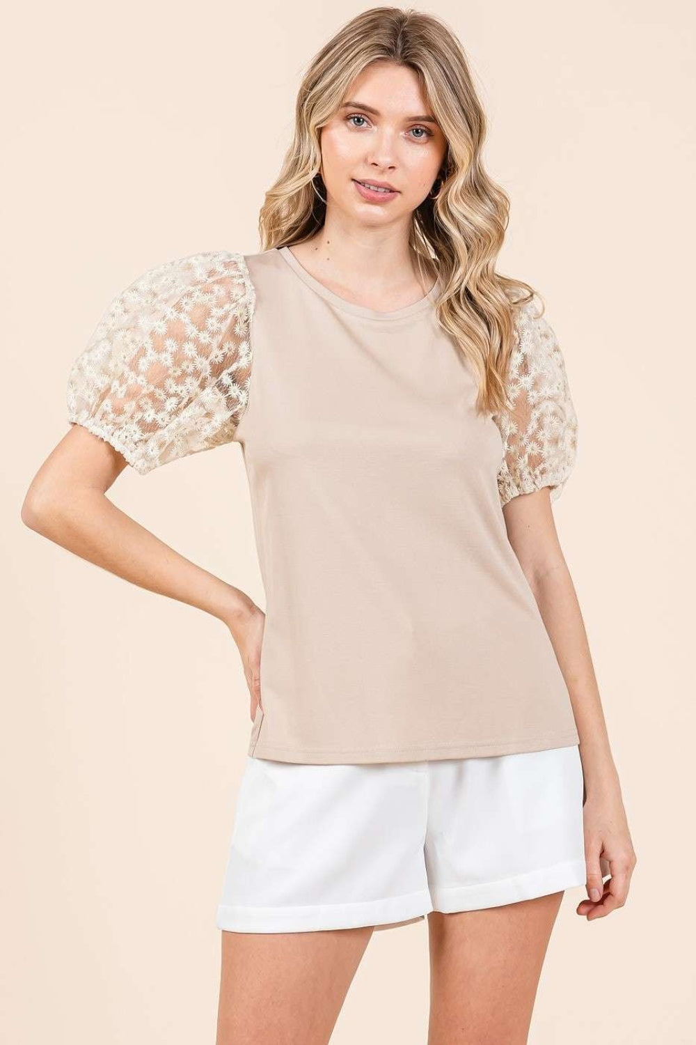 L Taupe Lace Top - Round Neck - Short Sleeve Clothing & Accessories > Clothing > Tops autopostr_pinterest_71901 mittoshop neck PinterestNew puff round short sleeve top