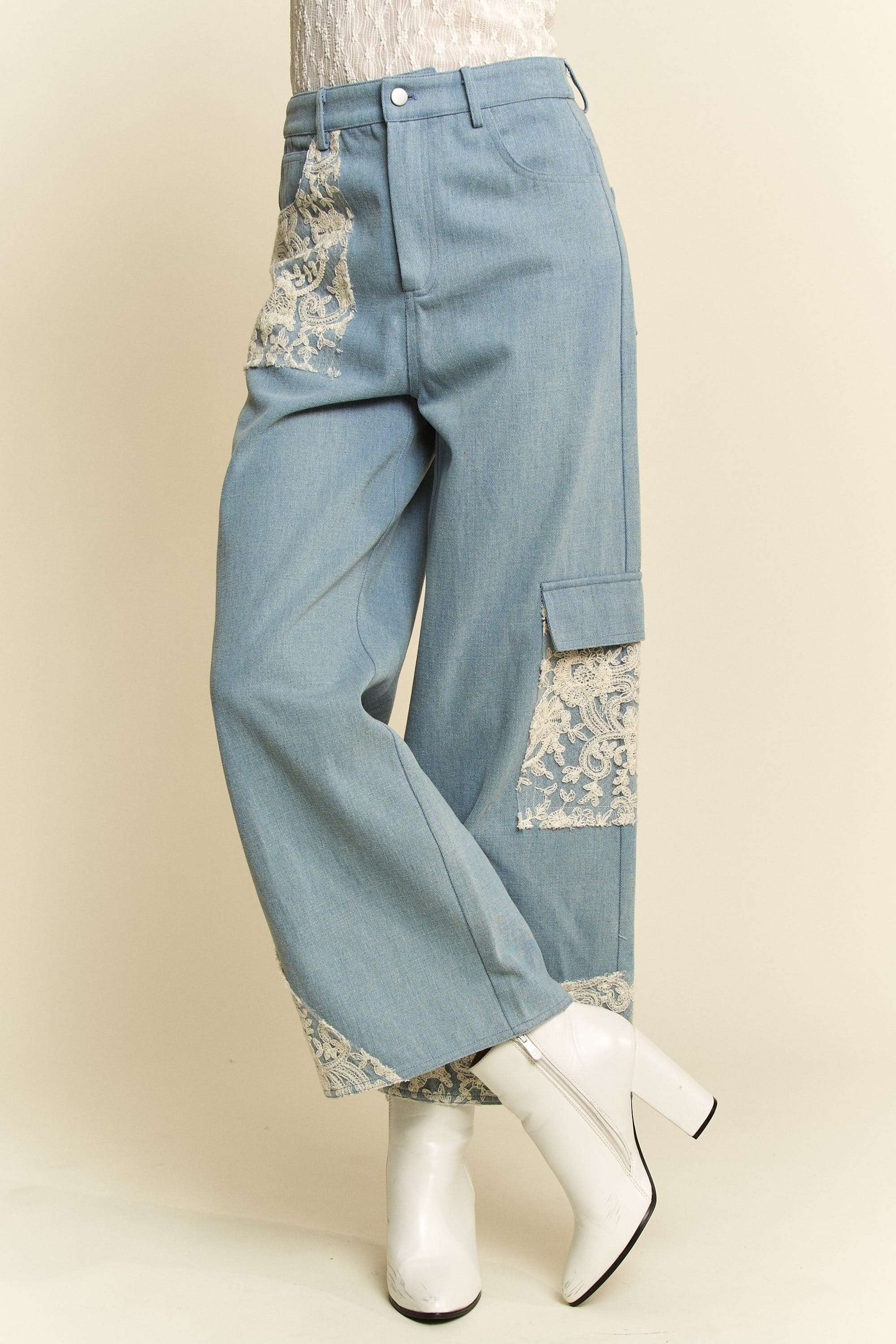 Wide Leg Denim Pants - Lace Applique - No Stretch - 100% Cotton Apparel & Accessories > Clothing > Pants Applique autopostr_pinterest_71901 autopostr_pinterest_72819 Davi & Dani Lace Leg Only Available for U.S. Residents Ship from USA sync-pinterest Wide Wide Leg