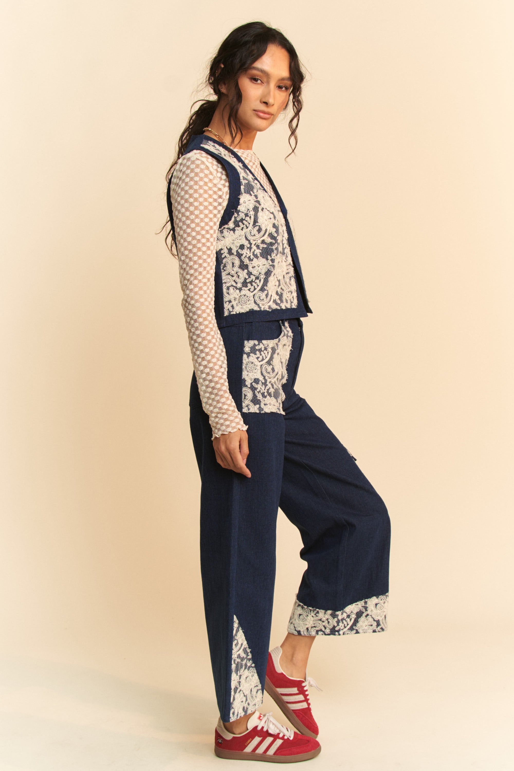 Wide Leg Cotton Denim Jeans with Lace Applique Detail Apparel & Accessories > Clothing > Pants Applique autopostr_pinterest_72819 Davi & Dani Lace Leg Only Available for U.S. Residents Ship from USA sync-pinterest Wide Wide Leg