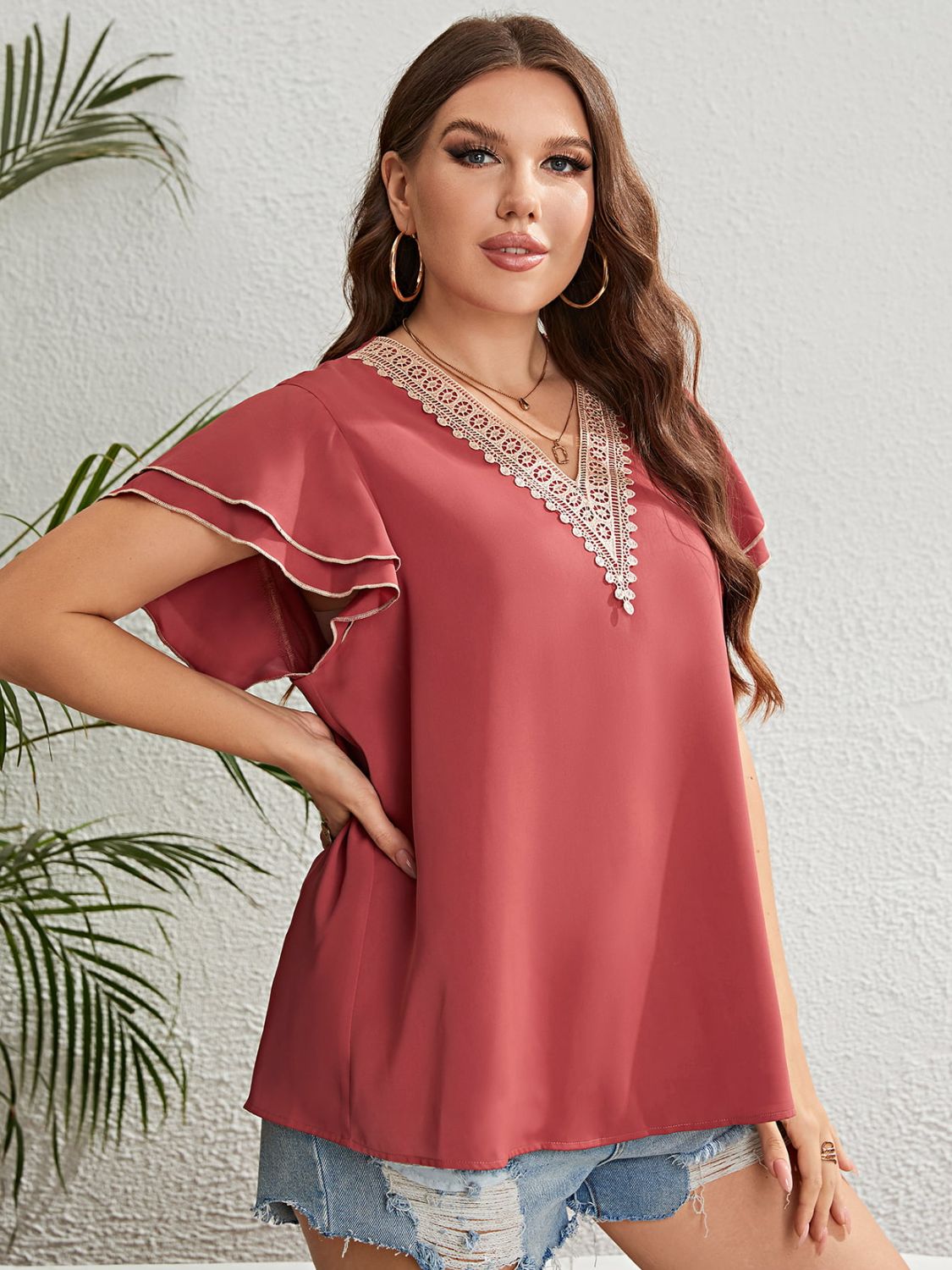 Blouse - Lace V-Neck Flutter Sleeve - Casual Solid Top Apparel & Accessories > Clothing > Tops Blouse Contrast Contrast V Flutter Flutter Sleeve Hanny Layered Neck Plus Plus Size Ship From Overseas Size Sleeve Sleeve Blouse sync-pinterest T V