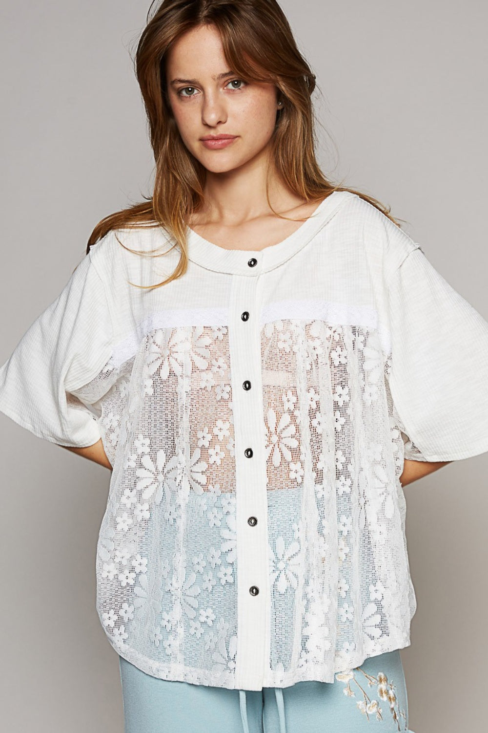 Off White Off White Lace Top - Short Sleeve - Round Neck - Sheer Clothing & Accessories > Clothing > Tops autopostr_pinterest_71118 autopostr_pinterest_71178 autopostr_pinterest_71277 lace neck pol round short sleeve top