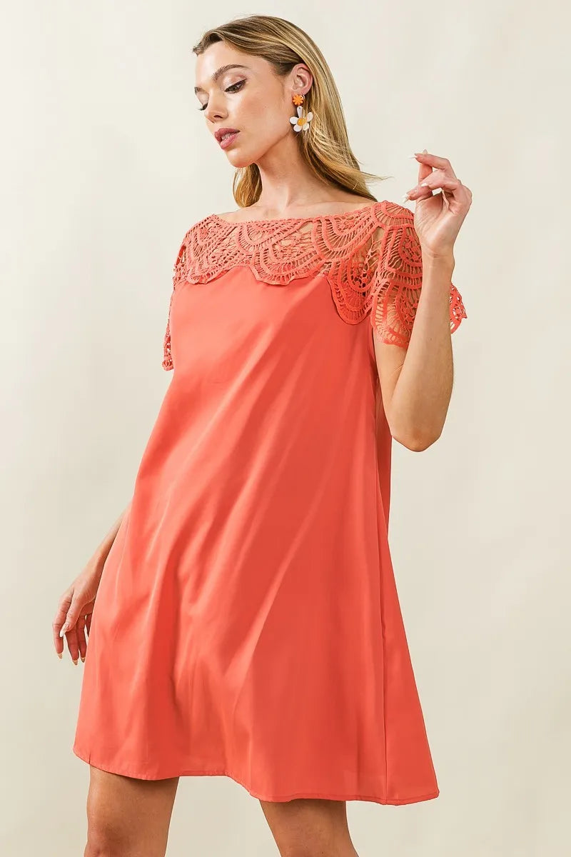 Dress - Wrinkled - Crochet Lace Yoke - Boho - Lightweight - Casual 5-2-usa BiBi Ship from USA