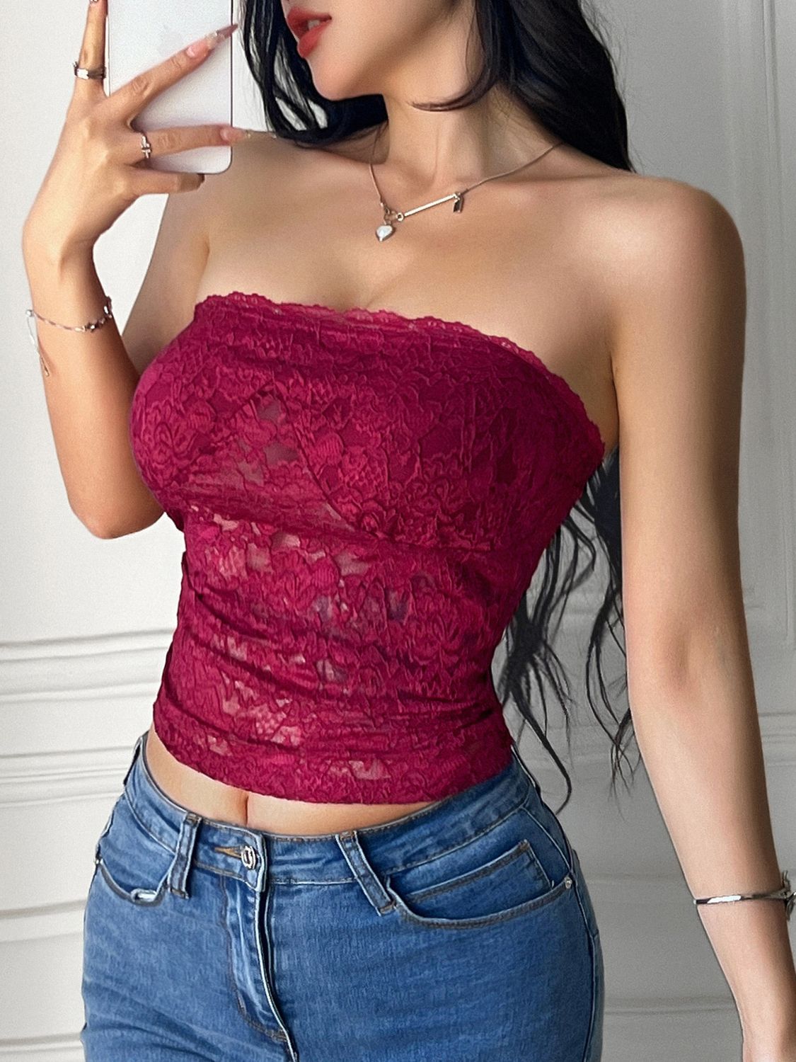 Lace Tube Top - Stretchy Semi-Sheer Overlay Apparel & Accessories > Clothing > Tops Devine Lace Ship From Overseas sync-pinterest Top Tube Tube Top