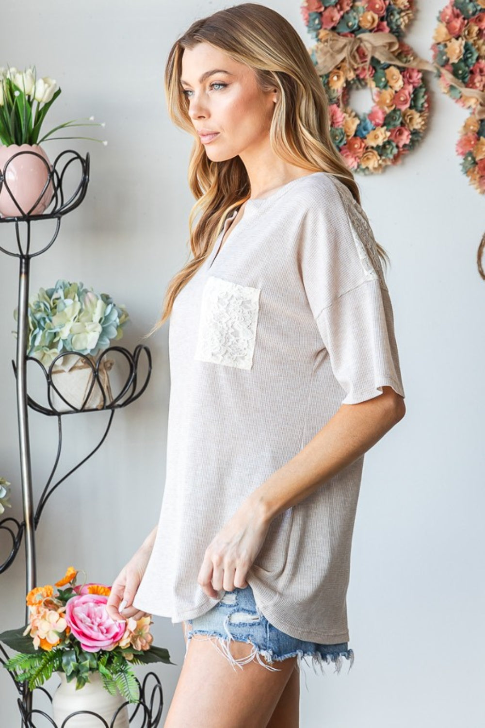 Oatmeal Lace Top - Drop Shoulder - Short Sleeve - Front Pocket Clothing & Accessories > Clothing > Tops autopostr_pinterest_71901 drop front full lace PinterestNew pocket shoulder size top