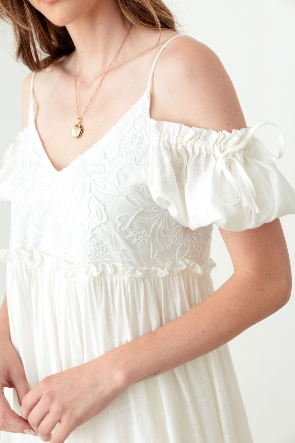 White Mini Dress - Lace Detail Embroidered - Dropped Shoulder Clothing & Accessories > Clothing > Dresses cold dress embroidered floral mini mustard pinterestnew pinterestone seed shirred shoulder