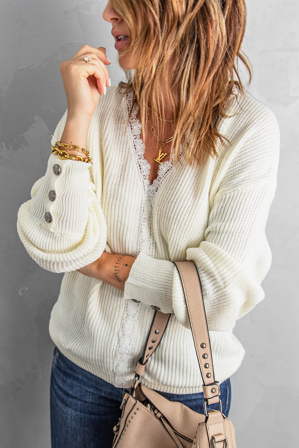 Button Cuff Rib-Knit Sweater