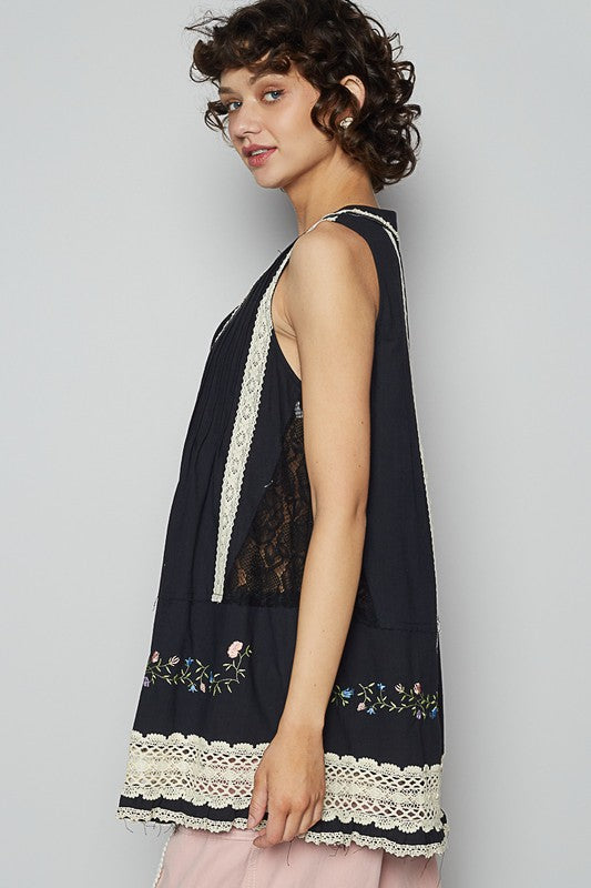 Embroidered Lace Detail Top - V-Neck - Sleeveless POL Ship from USA