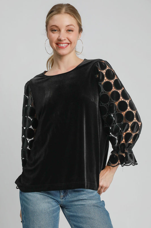 L Black Long sleeve Lace Blouse - Round neck - Polka Dot autopostr_pinterest_71667 new pinterestone Ship from USA Umgee USA