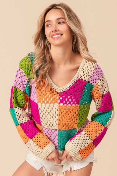 Knitted Long Sleeve Top - Checkered Multi Color BiBi new PinterestNew Ship from USA