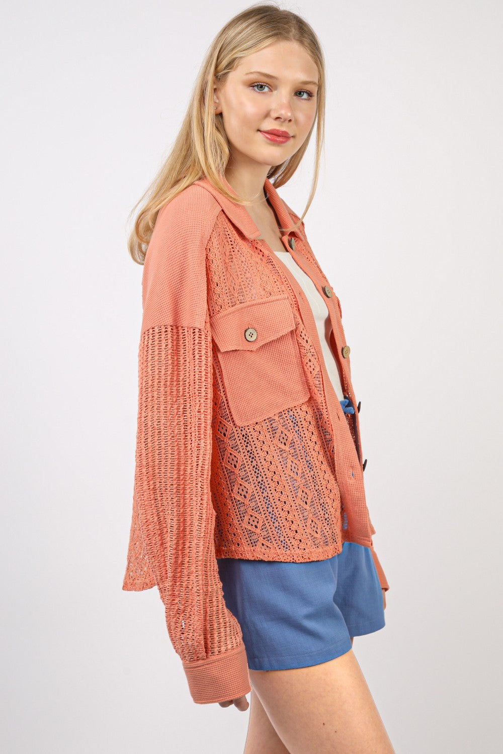 Lace Shirt - Drop Shoulder - Patch Pockets - Long Sleeves Apparel & Accessories > Clothing > Tops autopostr_pinterest_72819 Only Available for U.S. Residents Ship from USA sync-pinterest VERY J