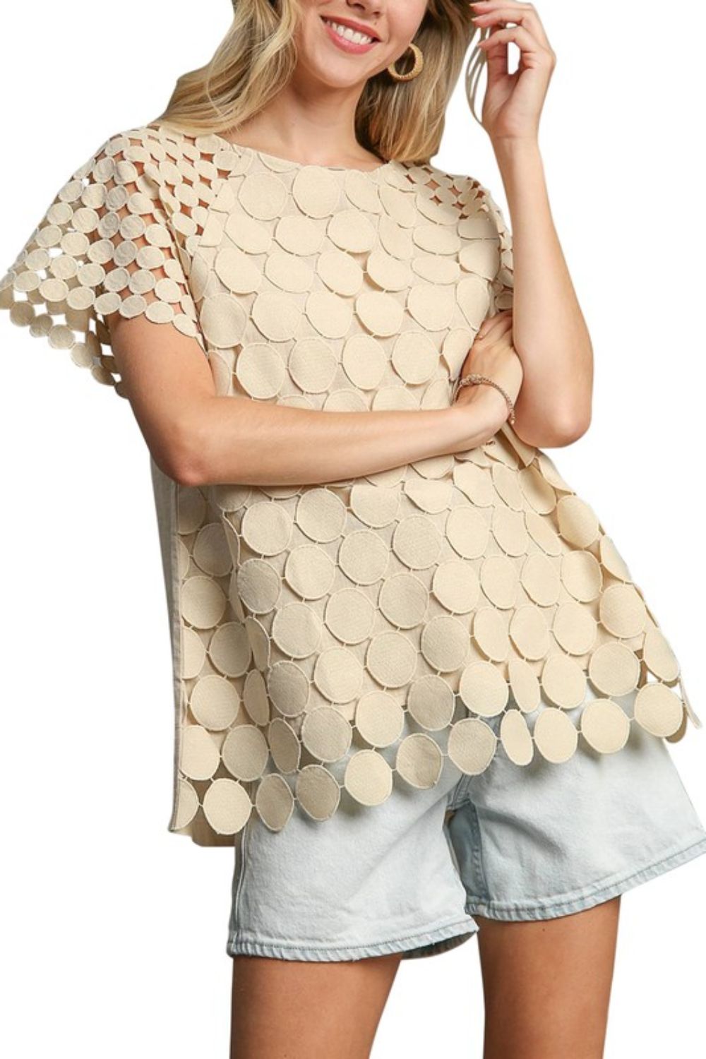 Tan Polka Dot Lace Raglan Sleeve Cotton Top - Boxy Fit, Opaque, No Stretch Apparel & Accessories > Clothing > Tops Only Available for U.S. Residents Ship from USA sync-pinterest Umgee USA