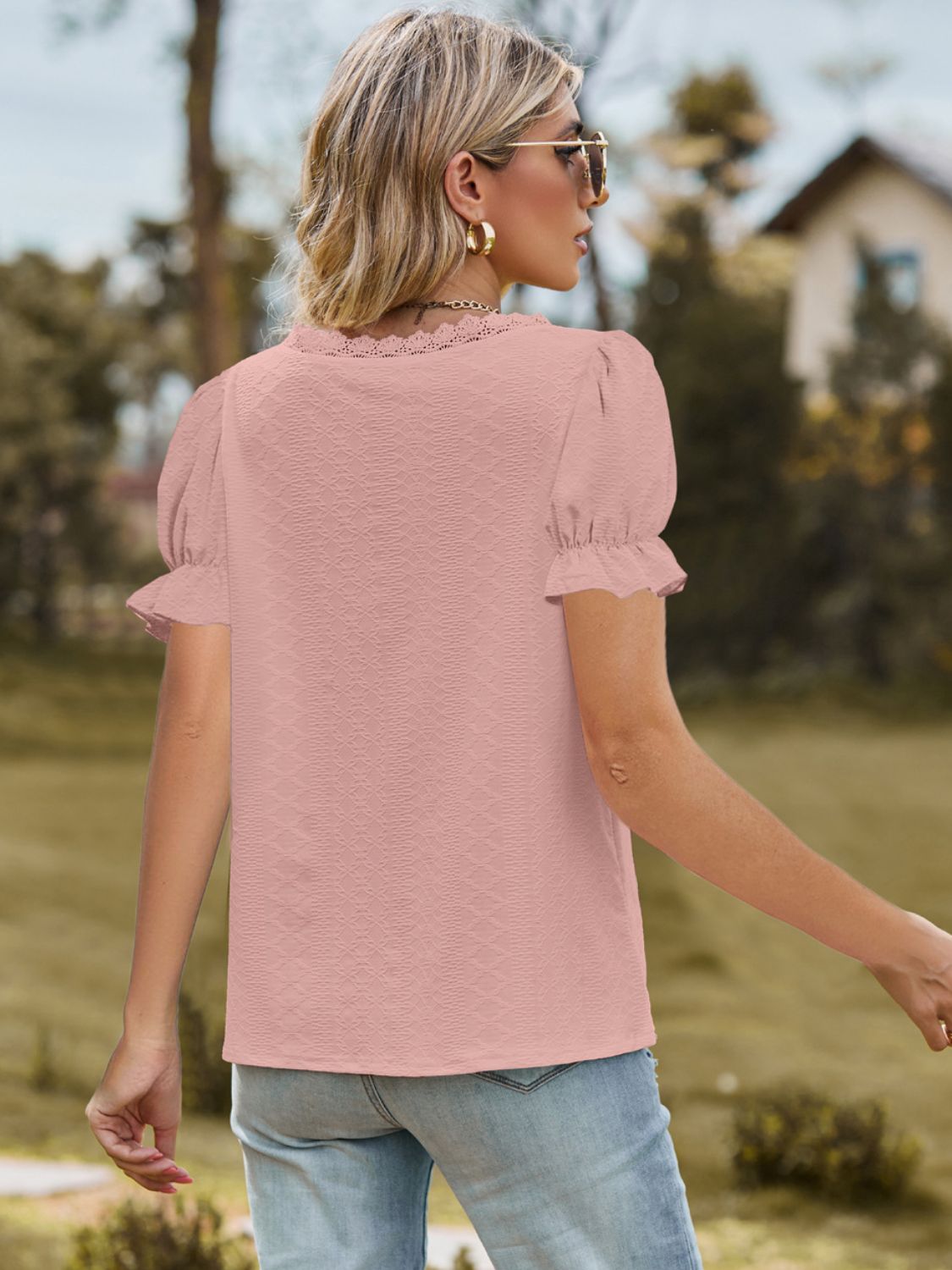 Women's Lace Detail Top with Slight Stretch Apparel & Accessories > Clothing > Tops Blouse Detail Detail V Flounce Flounce Sleeve Flounce Sleeve Blouse K.C Lace Lace Detail Neck Neck Flounce Neck Flounce Sleeve Ship From Overseas Sleeve Sleeve Blouse sync-pinterest T V