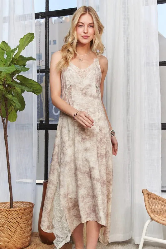 LT TAUPE Midi Dress - Spaghetti Strap Lace Detail - Cotton Blend Casual Wear 4-23-usa ADORA Ship from USA