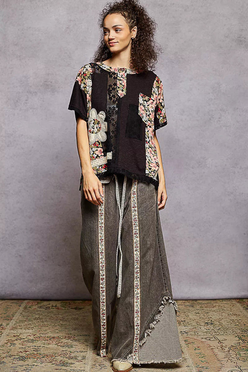 Women’s Lace Floral Patch Round Neck Short Sleeve Casual Top 10-31 POL Ship from USA