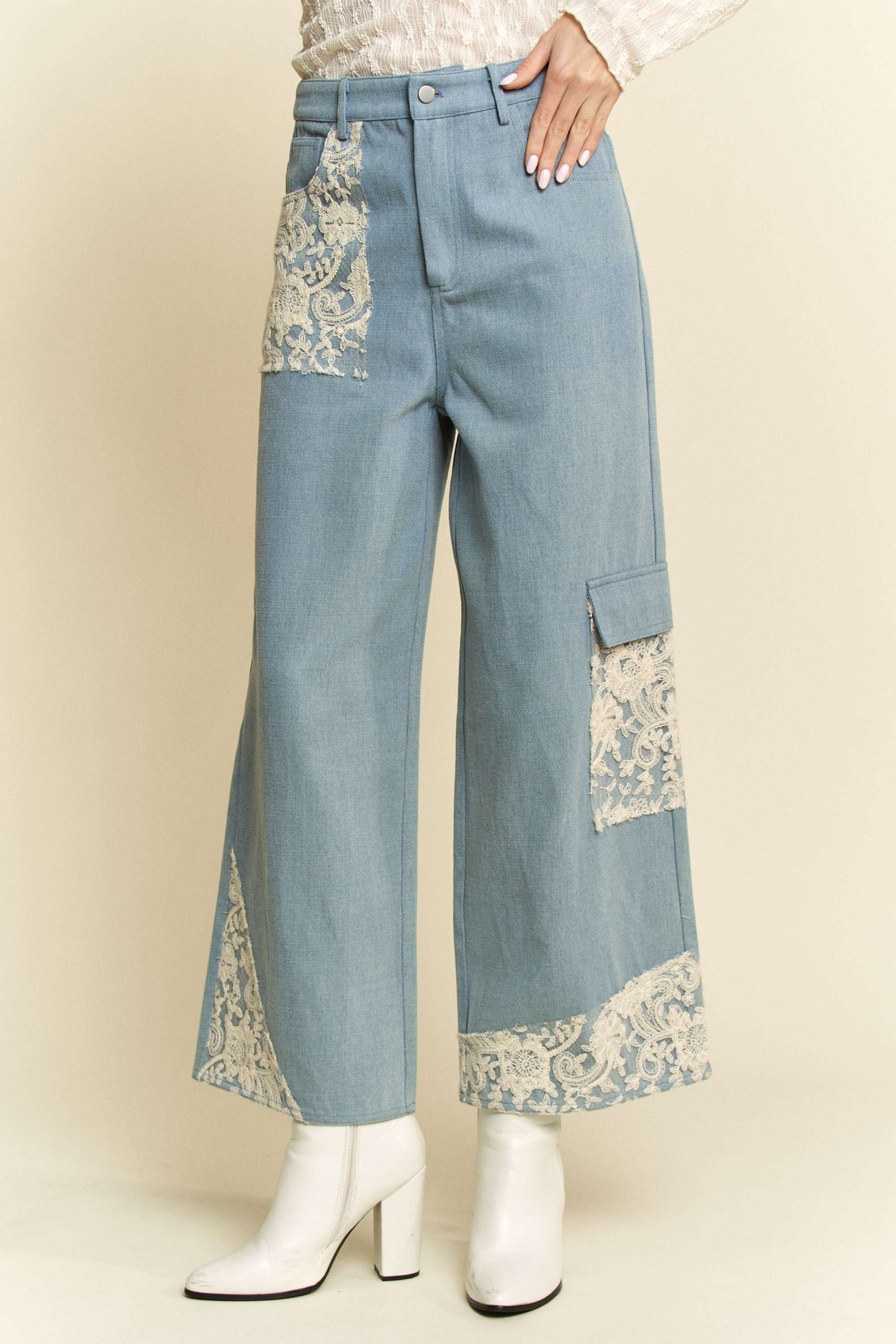 Wide Leg Denim Pants - Lace Applique - No Stretch - 100% Cotton Apparel & Accessories > Clothing > Pants Applique autopostr_pinterest_71901 autopostr_pinterest_72819 Davi & Dani Lace Leg Only Available for U.S. Residents Ship from USA sync-pinterest Wide Wide Leg