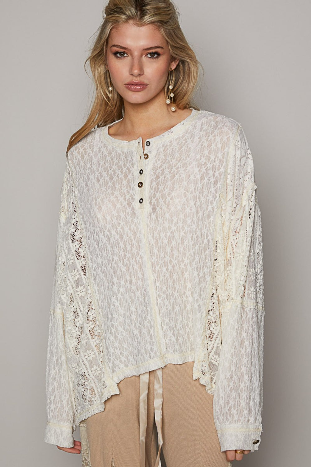 Cream Lace Top - Round Neck - Long sleeve - Buttoned Clothing & Accessories > Clothing > Tops autopostr_pinterest_71901 edge lace long neck PinterestNew pol raw round Sale sleeve top