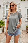 Mid Gray Lace Blouse - Flutter Sleeve - Round Neck - Casual Top - Solid Color Apparel & Accessories > Clothing > Tops Flutter Flutter Sleeve Lace Lamy Ship From Overseas Sleeve Sleeve T Sleeve Top Spliced Spliced Lace sync-pinterest T Top V