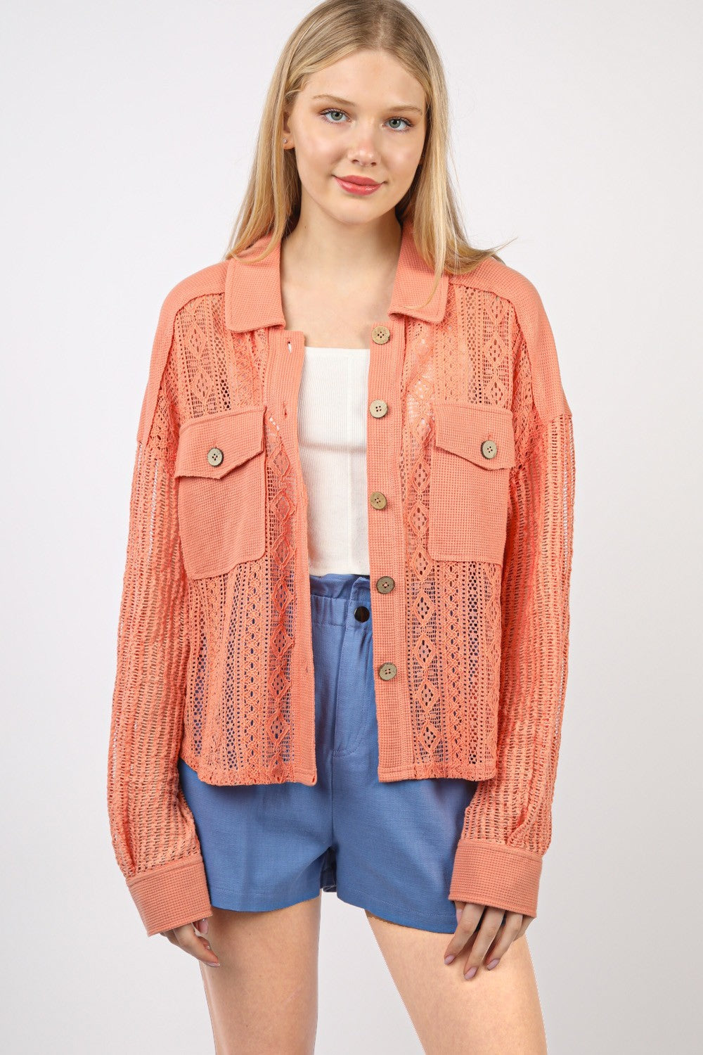 Salmon Lace Shirt - Drop Shoulder - Patch Pockets - Long Sleeves Apparel & Accessories > Clothing > Tops autopostr_pinterest_72819 Only Available for U.S. Residents Ship from USA sync-pinterest VERY J