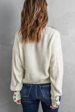 Button Cuff Rib-Knit Sweater