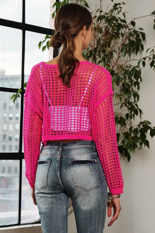 Pink Crochet OpenWork Crop Top - Trendy, Boho, Cover-Up 7-6 ADORA Ship from USA