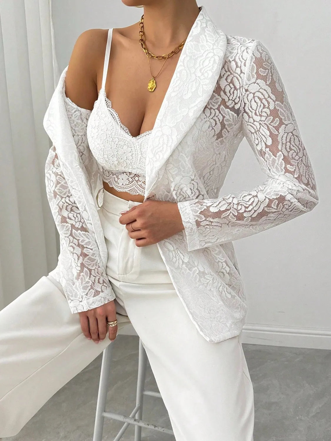 Blazer - Long Sleeve - Lace Lapel Collar - Structured - Lightweight - Casual 4-29 Ship From Overseas WXFS