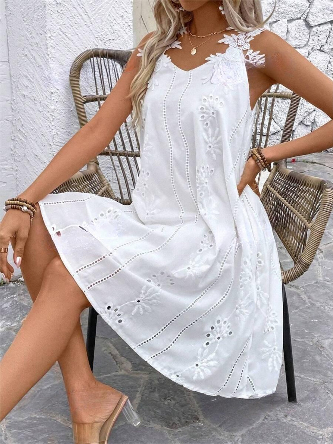 Eyelet Lace Mini Dress with Sheer Opaque Finish - Polyester Blend Apparel & Accessories > Clothing > Dresses Detail Detail V Dress Lace Lace Detail Mini Mini Dress Neck Neck Mini Neck Mini Dress Ship From Overseas SLM sync-pinterest V