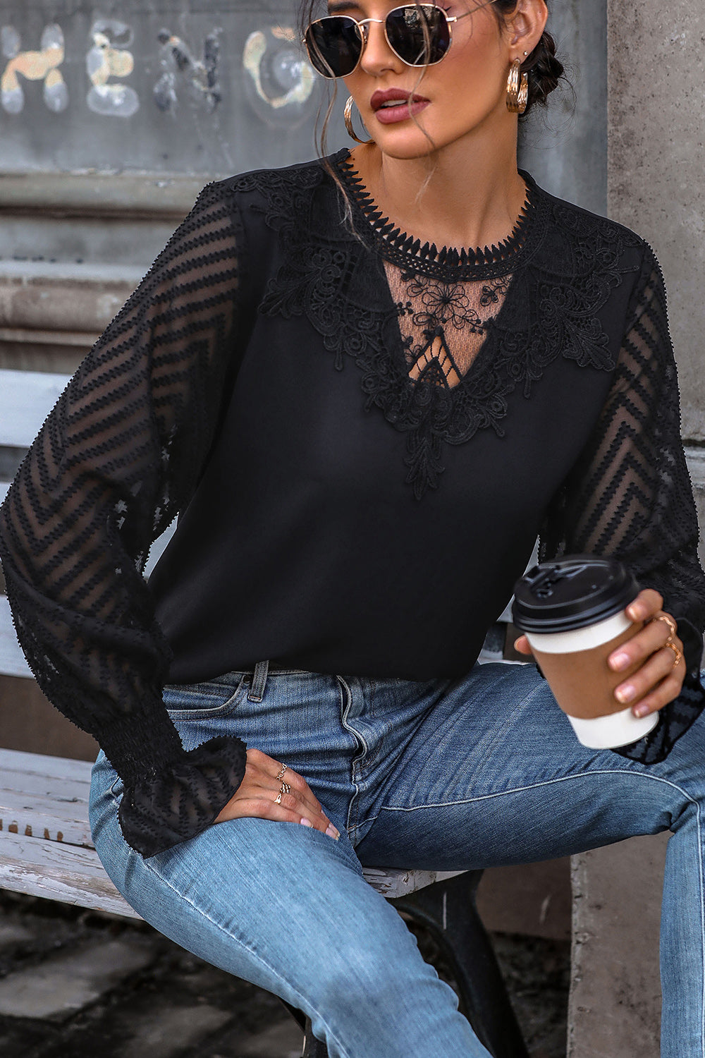 Blouse - Flounce Sleeve - Semi-Sheer Lace Detail - Polyester Apparel & Accessories > Clothing > Tops autopostr_pinterest_72819 Blouse Detail Flounce Flounce Sleeve Hundredth Lace Lace Detail Mock Ship From Overseas Sleeve Sleeve Blouse sync-pinterest T V