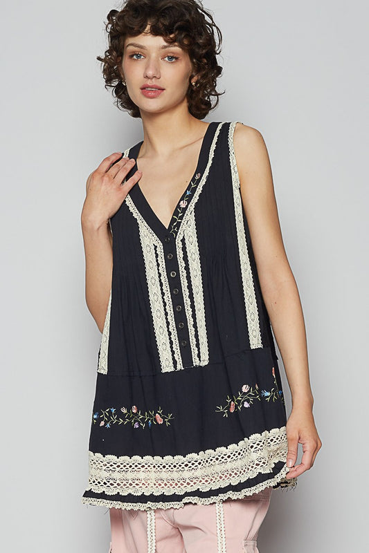 L Embroidered Lace Detail Top - V-Neck - Sleeveless POL Ship from USA