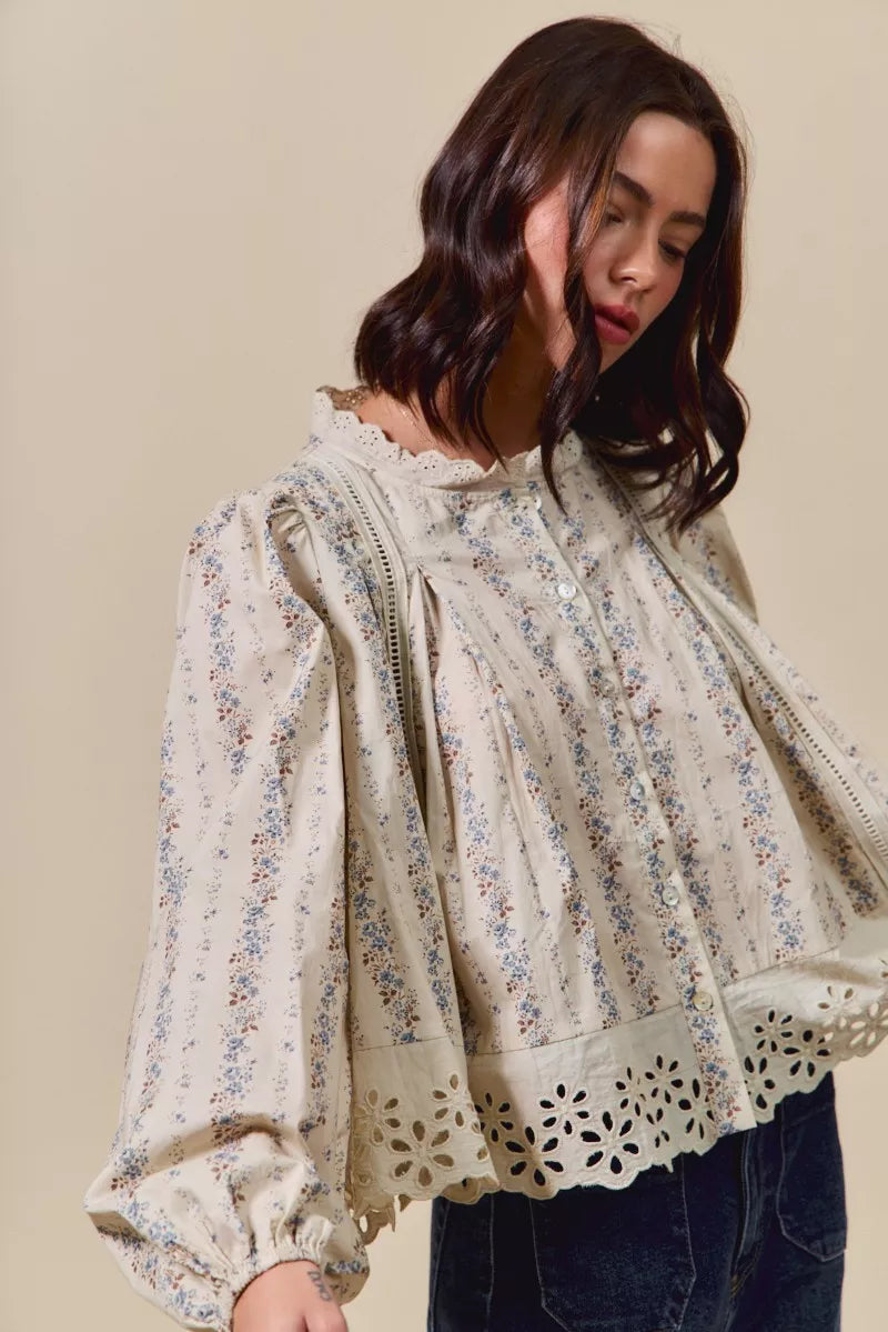 Women’s Floral Print Lace Button Down Shirt 10-31 Ship from USA SO ME