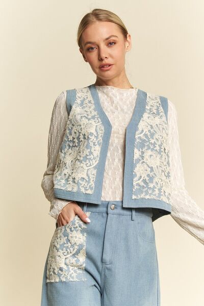 Light Lace Patch Open Front Denim Vest Davi & Dani new Ship from USA