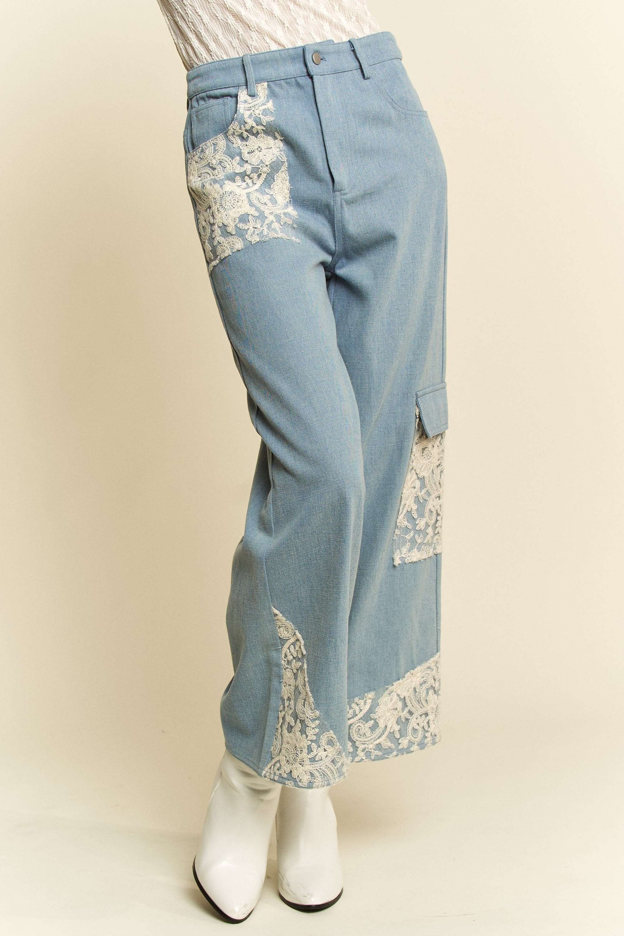 Wide Leg Denim Pants - Lace Applique - No Stretch - 100% Cotton Apparel & Accessories > Clothing > Pants Applique autopostr_pinterest_71901 autopostr_pinterest_72819 Davi & Dani Lace Leg Only Available for U.S. Residents Ship from USA sync-pinterest Wide Wide Leg