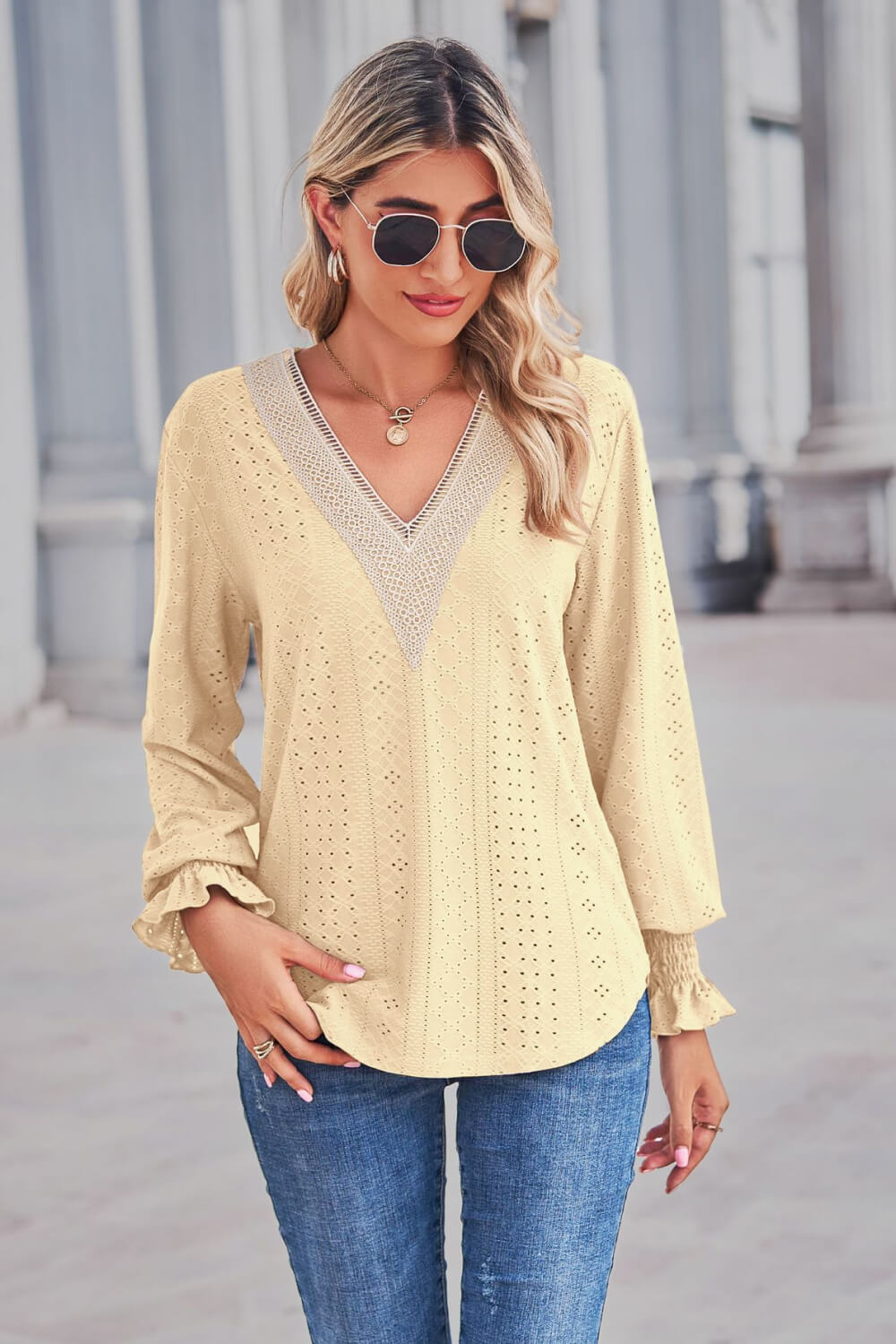 Chic Long Lace V-Neck Dress with Flounce Sleeves Apparel & Accessories > Clothing > Tops Contrast Contrast V Flounce Flounce Sleeve H&L&L Neck Neck Flounce Neck Flounce Sleeve Ship From Overseas Sleeve Sleeve T Sleeve Top sync-pinterest T Top V