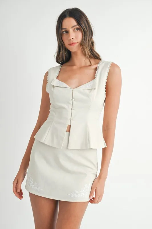 Oatmeal Embroidered Top and Lace Mini Skirt Set - Button Front - Frill Detail Apparel & Accessories > Clothing > Outfits & Sets MABLE Only Available for U.S. Residents Ship from USA sync-pinterest