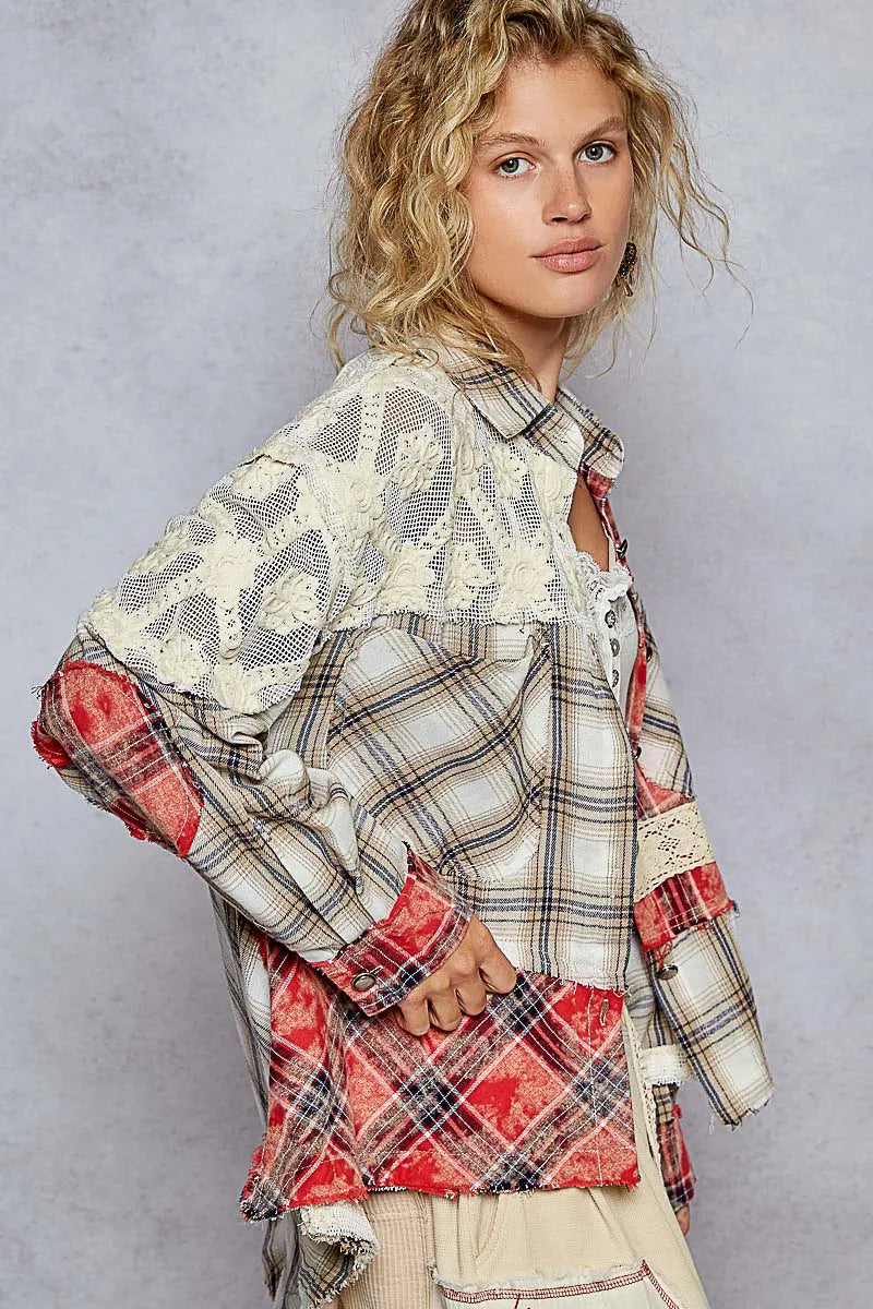 Red Plaid Cotton - Boho Lace Detail 7-11 POL Ship from USA