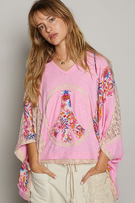 Pink Blush Pink Blush Lace Hooded Top - Peace Patch - V Neck - Floral Clothing & Accessories > Clothing > Tops floral hooded lace neck patch peace pinterestnew pol print top