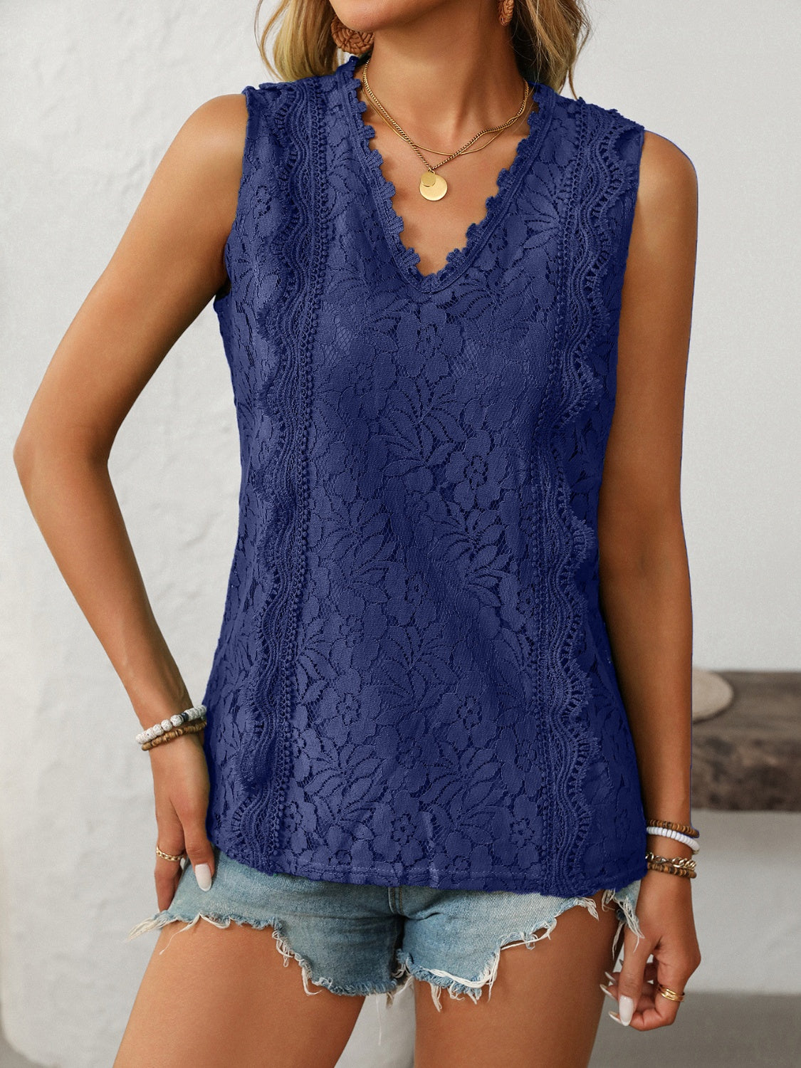 Lace Buttoned Stretch Polyester Top - Various Sizes Available Apparel & Accessories > Clothing > Tops And Lace Mandy Neck Neck Tank Ship From Overseas sync-pinterest Tank V