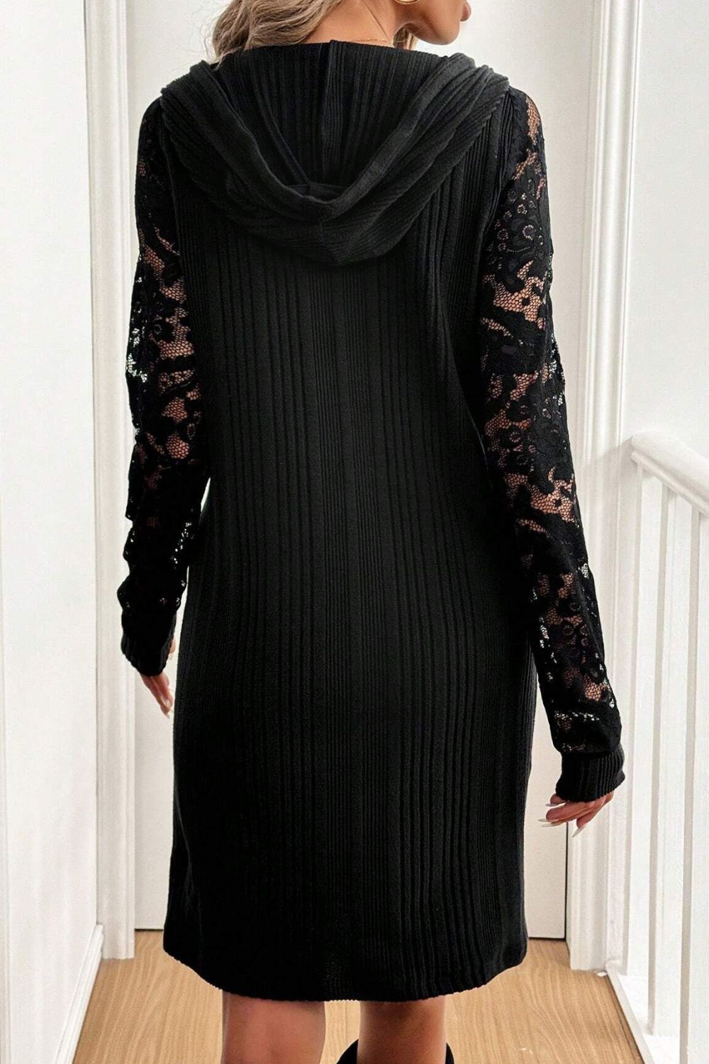 Semi-Sheer Lace Detail Dress with Slight Stretch Apparel & Accessories > Clothing > Dresses Dress Hooded Lace Lace Patchwork Long Long Sleeve Patch Patchwork Ship From Overseas Sleeve sync-pinterest V WXFS